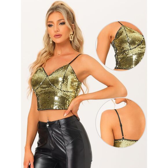 Sequin Cami Top Spaghetti Strap Clubwear Party Crop Tank Tops Gold - Picture 2 of 6